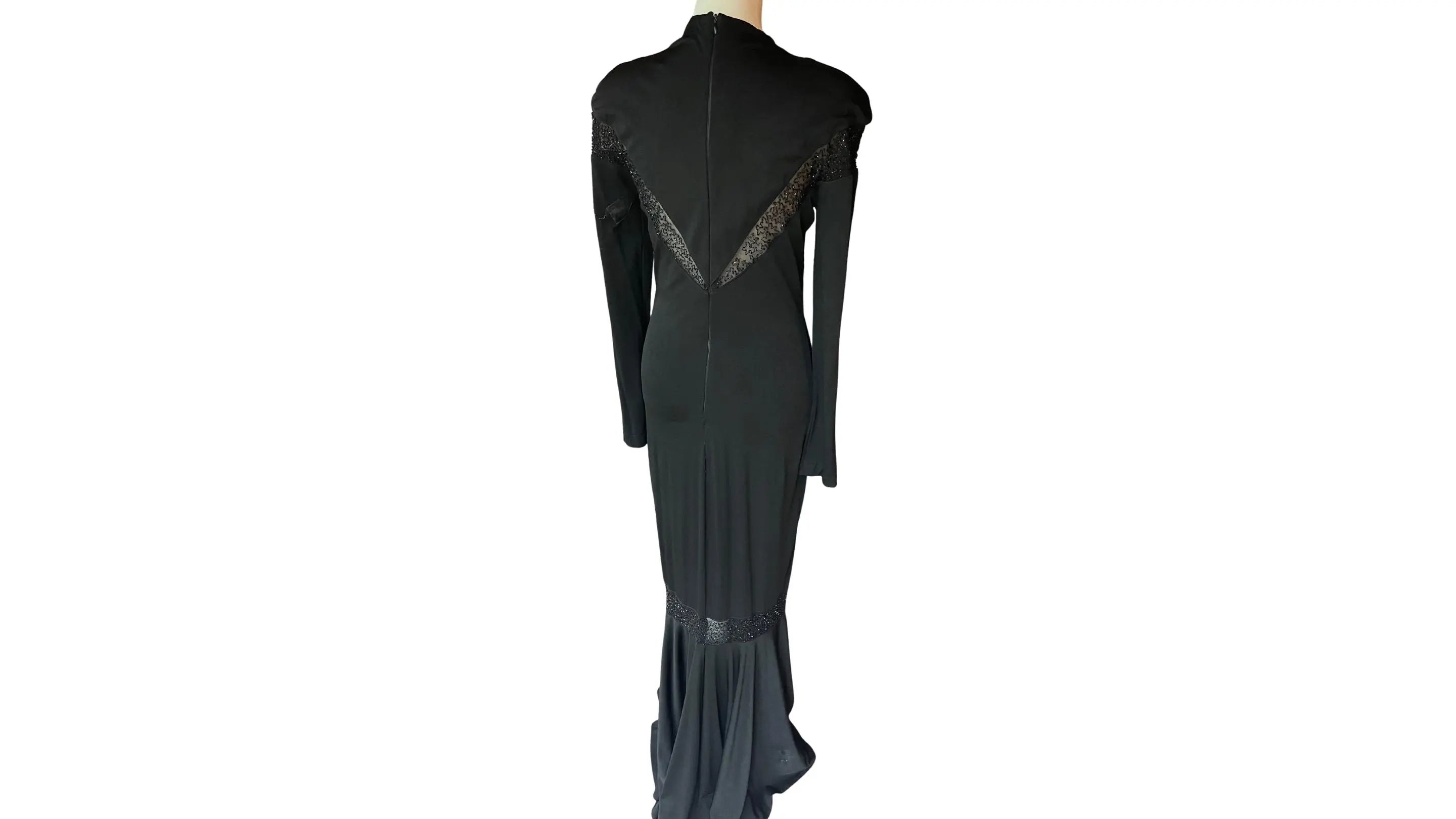 Black Mermaid Knit Gown - Black Zipper Floor Length Dress