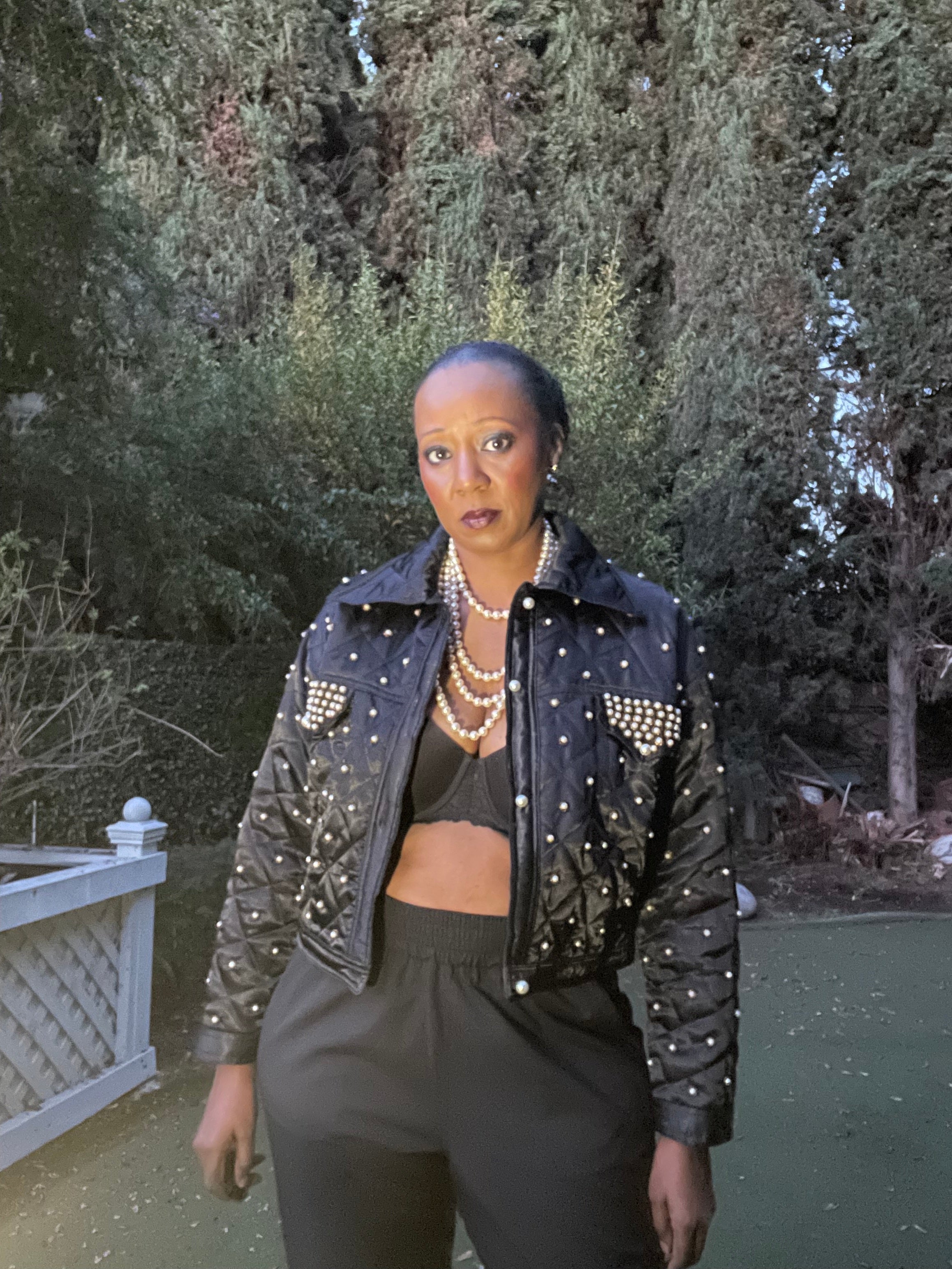 Satin Cropped Jacket with Pearl Embellishments