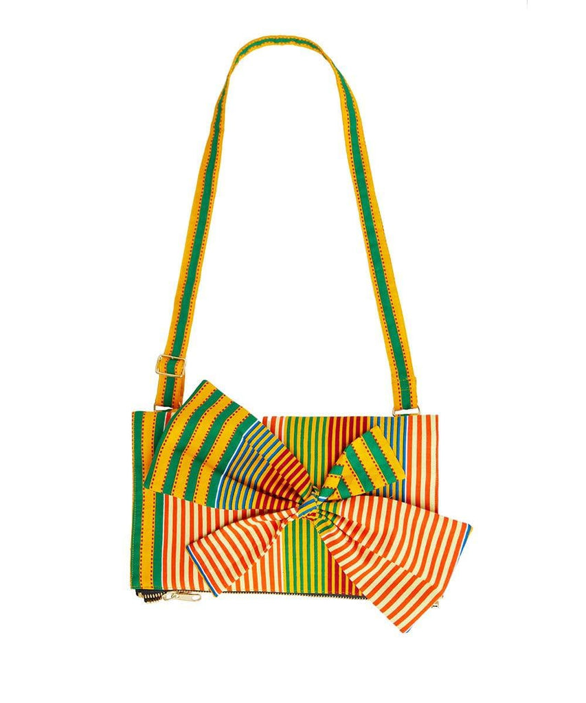Goldenrod with orange, green, blue and red colored striped print Ankara fabric. Adjustable shoulder stripes.